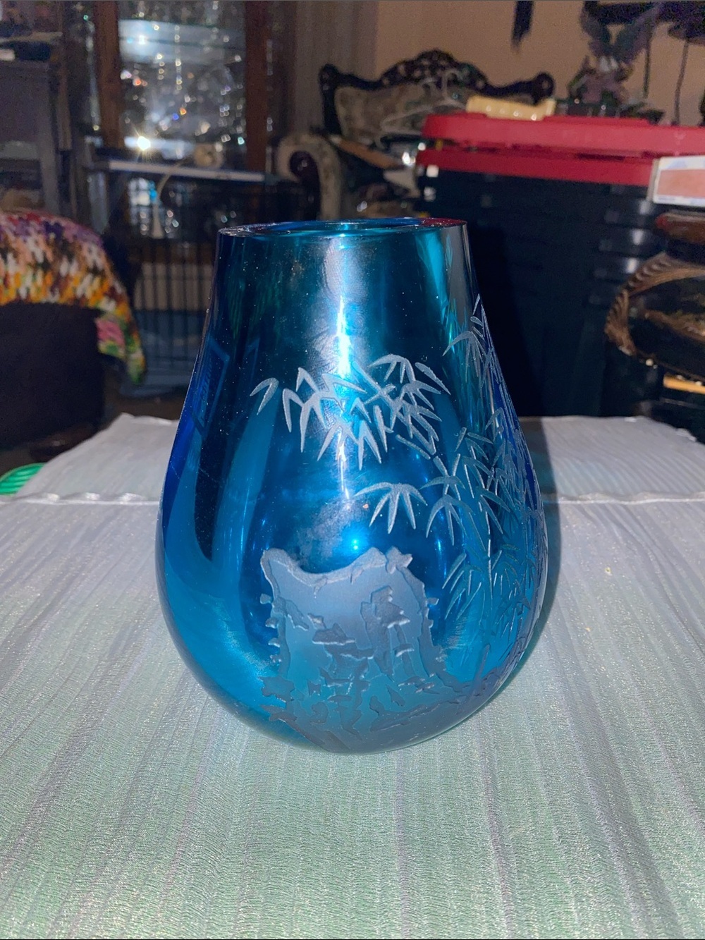 Vintage Rare Find Heavy Chinese Blue Etched Glass Decorative Vase